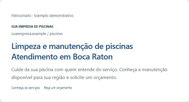 Modelo demonstrativo de anúncio de manutenção de piscinas, com título, descrição e chamada para orçamento
