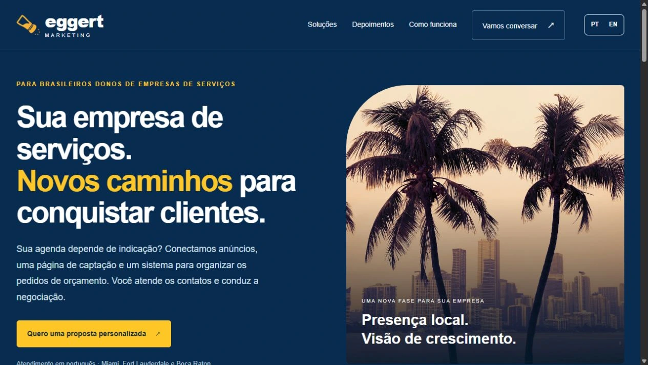 Captura real da landing page da Eggert, com apresentação dos serviços e botão de proposta personalizada