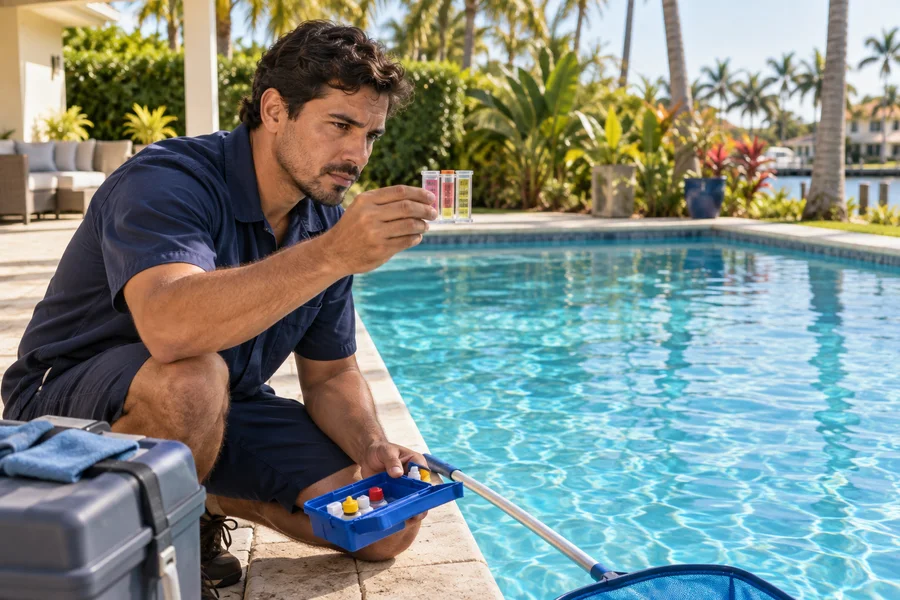 Cena ilustrativa de manutenção de piscina residencial